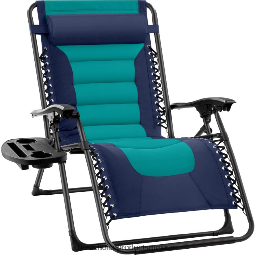 vida al aire libre | silla acolchada de gran tamaño con gravedad cero, sillón reclinable plegable con reposacabezas y bandeja lateral Best Choice Products azul marino/verde azulado X080FZ766
