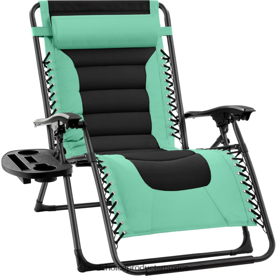 vida al aire libre | silla acolchada de gran tamaño con gravedad cero, sillón reclinable plegable con reposacabezas y bandeja lateral Best Choice Products verde espuma de mar/negro X080FZ763