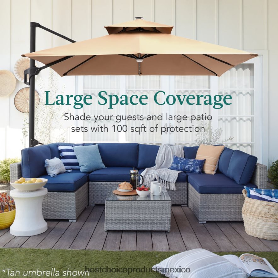 vida al aire libre | Paraguas desplazado en voladizo LED cuadrado de 2 niveles con rotación de 360, base Best Choice Products cielo azul X080FZ902