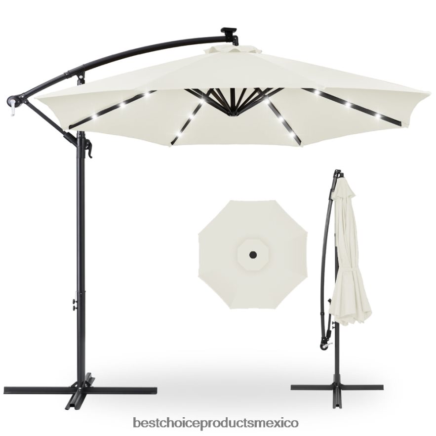 vida al aire libre | Sombrilla de patio colgante con desplazamiento LED solar con ajuste de inclinación de manivela Best Choice Products Marfil X080FZ844