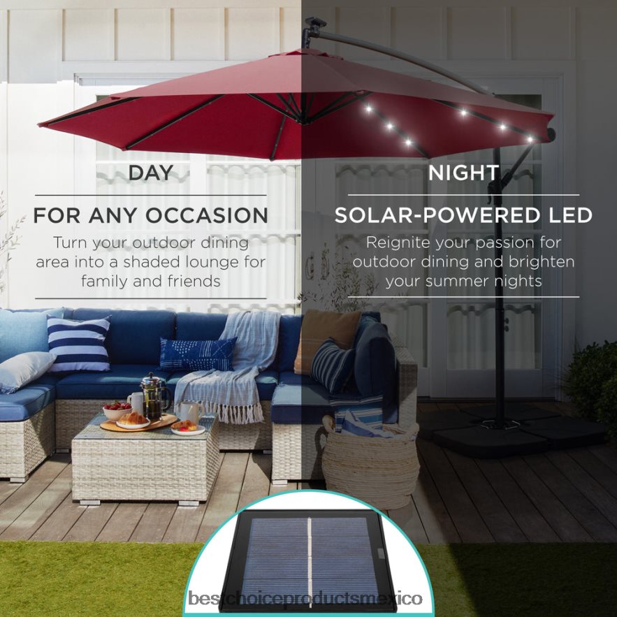 vida al aire libre | Sombrilla de patio colgante con desplazamiento LED solar con ajuste de inclinación de manivela Best Choice Products borgoña X080FZ848
