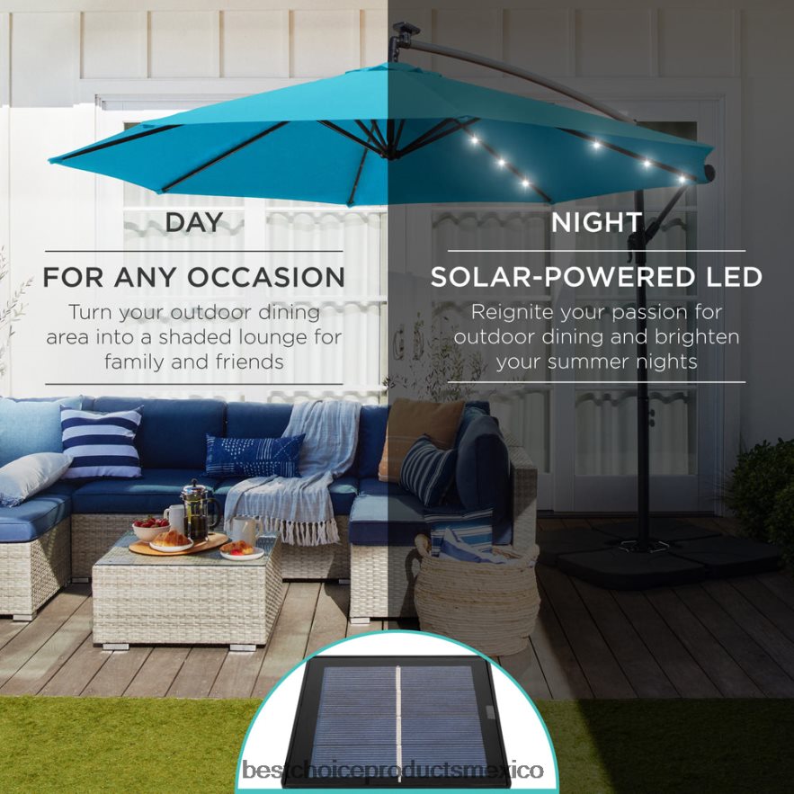 vida al aire libre | Sombrilla de patio colgante con desplazamiento LED solar con ajuste de inclinación de manivela Best Choice Products cielo azul X080FZ849