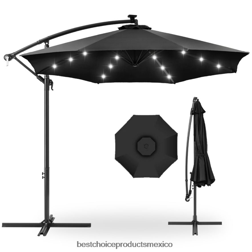 vida al aire libre | Sombrilla de patio colgante con desplazamiento LED solar con ajuste de inclinación de manivela Best Choice Products negro X080FZ843
