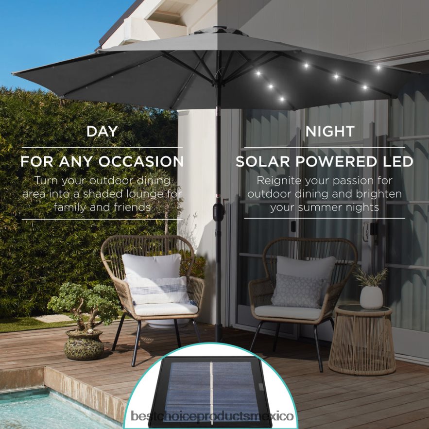 vida al aire libre | Sombrilla de patio con luz LED solar con ajuste de inclinación, resistencia a los rayos UV Best Choice Products gris X080FZ1338