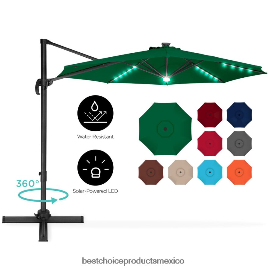 vida al aire libre | Sombrilla de patio desplazada en voladizo LED de 360 ​​grados con inclinación Best Choice Products verde X080FZ868