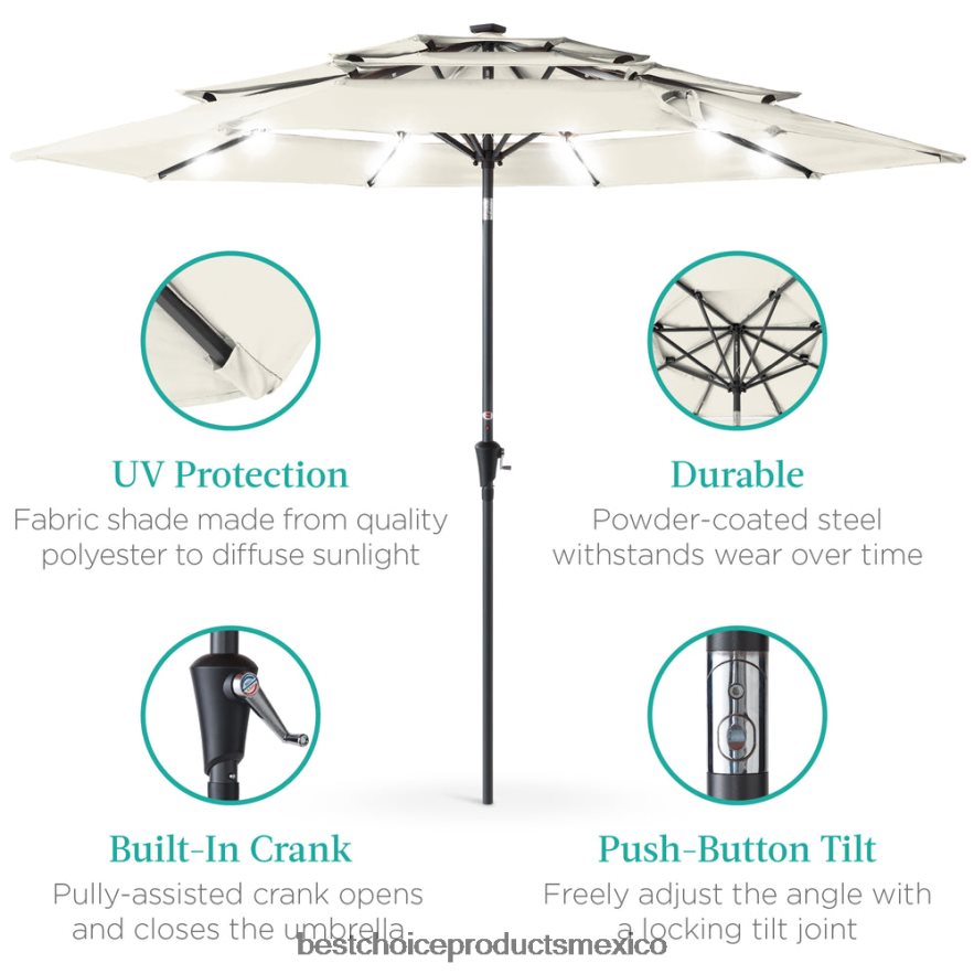 vida al aire libre | Sombrilla solar de 3 niveles con luces LED, ajuste de inclinación y manivela Best Choice Products Marfil X080FZ1479