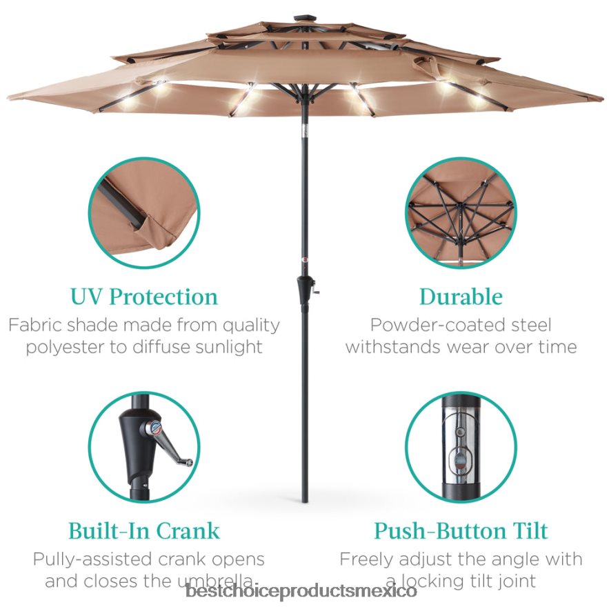 vida al aire libre | Sombrilla solar de 3 niveles con luces LED, ajuste de inclinación y manivela Best Choice Products broncearse X080FZ1477
